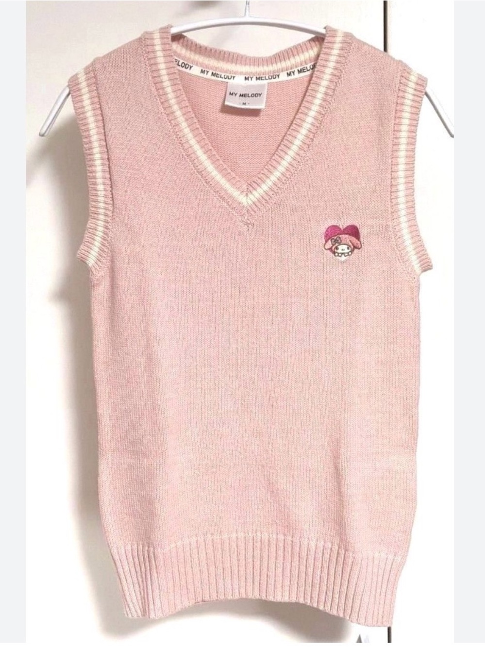 Sanrio My Melody V-neck knit vest features striped ribbing medium